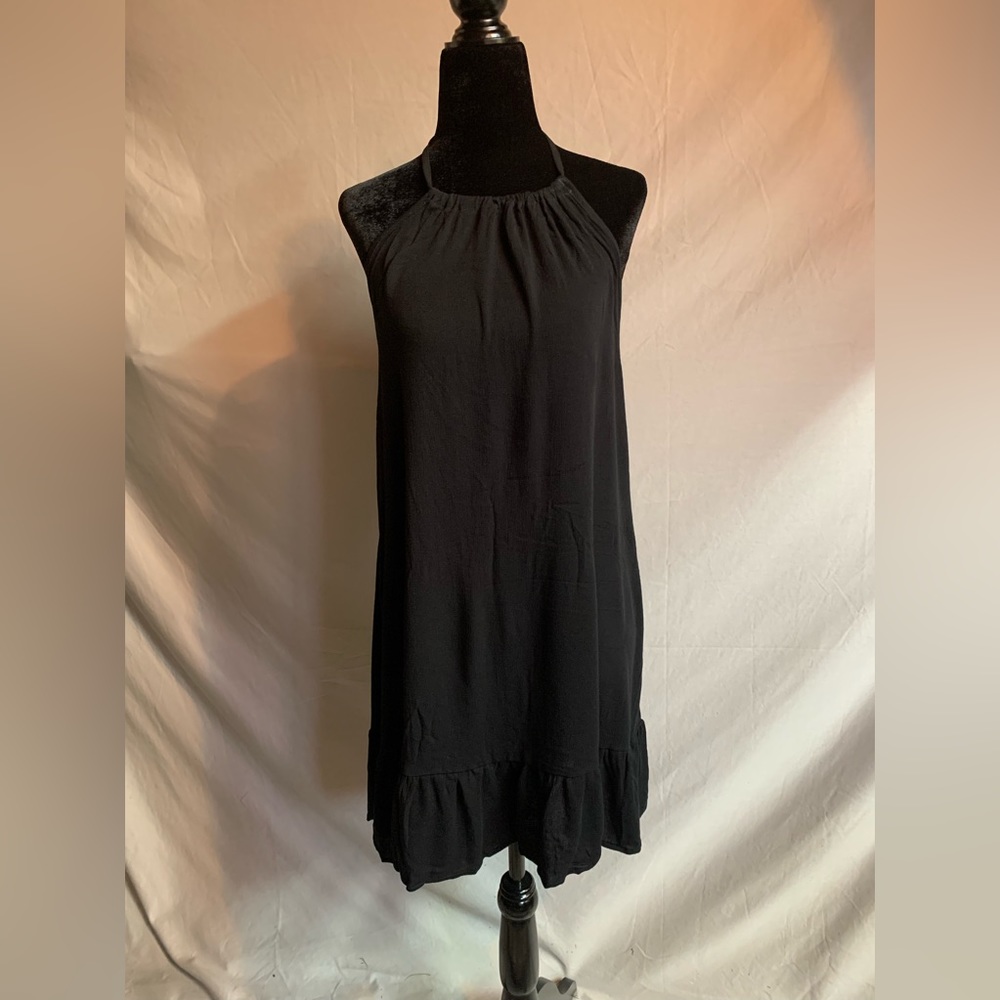 Black Ruffle Hem Tie Low Back Halter Dress - Picture 6 of 8